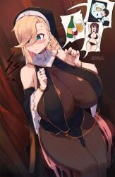 big_ass big_breasts blonde_hair blue_eyes blush confession confession_booth huge_breasts long_hair magister_(bigbakunyuu) nun nun_outfit pandora_smith