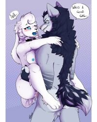 <3_eyes ankle_tuft anthro areola ass biped black_collar black_hair black_mane black_nose blue_areola blue_eyes blue_nipples blue_tongue blush bodily_fluids breasts brown_nose buckteeth canid canine canis carrying_another cheek_tuft collar cum cum_in_pussy cum_inside dialogue digital_drawing_(artwork) digital_media_(artwork) dipstick_tail duo english_text eye_contact facial_tuft female female_penetrated fur genital_fluids genitals good_girl green_eyes grey_body grey_ears grey_fur grey_inner_ear grey_tail_tip grey_tuft hair heart hi_res lagomorph leg_tuft leporid looking_at_another looking_pleasured lucy_(tiredlittlelucy) male male/female male_penetrating male_penetrating_female mammal mane markings medium_breasts nipples open_mouth penetration penile penile_penetration penis penis_in_pussy predator/prey pussy rabbit red_blush sex smile speech_bubble stand_and_carry_position standing standing_sex tail tail_markings talking_to_another teeth text tiredlittlelucy tongue tuft vaginal_penetration vaginal_penetration white_body white_ears white_fur white_hair white_tail white_tuft wolf