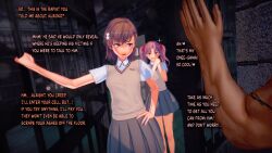 3d brown_hair clothed clothed_female dialogue misaka_mikoto multiple_females multiple_girls pink_hair school_girl school_uniform schoolgirl schoolgirl_uniform shirai_kuroko student students text to_aru_kagaku_no_railgun twintails v-kris