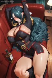 1girl ai_generated azuma_fubuki black_dress black_hair black_legwear blush breasts cleavage cleavage_cutout dress hair_over_one_eye hi_res high_quality high_resolution huge_breasts long_hair looking_at_viewer lying mato_seihei_no_slave military patreon savvyraexo seductive sexy solo thick_thighs thighs uncensored uniform watermark yellow_eyes