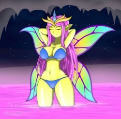 2d armpits arms_up bikini blue_bikini breasts closed_eyes crown empress_of_light fairy fairy_wings female_focus female_only humanoid long_ears long_hair lotosnic night_sky purple_hair seductive_pose solo_female star terraria thick thick_thighs yellow_skin