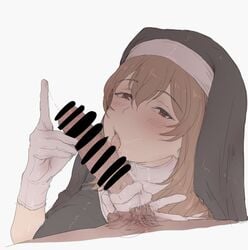 1boy 1girls 2019 blush censor_bar censored gloved_handjob gloves handjob licking licking_penis light-skinned_female light-skinned_male light_skin looking_at_viewer mdf_an nun nun_(mdf_an) original penis simple_background white_background white_gloves