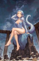 1girls bare_legs big_breasts blue_hair breasts cleavage crossbreed_priscilla dark_souls dragon_girl feet female female_only fromsoftware giantess green_eyes pointy_ears sitting solo tail thighs yugenvisuals