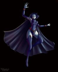 1girls black_background cloak dc dc_comics erect_nipples female female_only grazhdanin_apatiy grey_skin purple_eyes purple_hair raven_(dc) solo superheroine teen_titans tight_suit