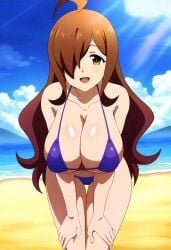 1girls ahoge ai_generated amber_eyes beach bent_over bikini blue_bikini breasts brown_hair clouds day daytime dokidoki_ninja facing_viewer female_focus hair_over_one_eye kono_subarashii_sekai_ni_shukufuku_wo! light-skinned light-skinned_female looking_at_viewer open_mouth sky smile smiling smiling_at_viewer solo solo_female wiz_(konosuba)