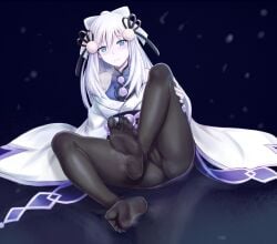 black_background black_pantyhose blue_eyes blush cameltoe colored_skin dress duel_monster feet female foot_fetish highres japanese_clothes kimono koorino legs long_hair looking_at_viewer no_shoes pale_skin pantyhose sitting snow soles steam toes white_dress white_hair white_skin yu-gi-oh! yuki-onna_the_ice_mayakashi yuki_onna