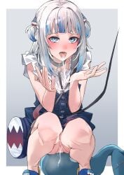 absurdres after_fellatio blue_eyes blue_hair blunt_bangs blush bottomless collar cum cum_in_mouth cum_on_hands cum_on_tongue cum_string cumdrip female fins fish_tail gawr_gura gawr_gura_(casual) hair_ornament hands_up highres hololive hololive_english hololive_myth leash looking_at_viewer multicolored_hair official_alternate_costume pussy pussy_juice shark_girl shark_hair_ornament shark_tail squatting streaked_hair tail tears teeth tongue tongue_out two_side_up virtual_youtuber white_hair yuukauta