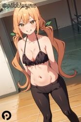 100_kanojo ai_generated arms_behind_back bangs bare_shoulders black_pants blonde_hair blush breasts cleavage collarbone female frills grin hair_ribbon inda_karane indoors kimi_no_koto_ga_dai_dai_dai_dai_daisuki_na_100-nin_no_kanojo long_hair looking_at_viewer low_twintails medium_breasts navel pants pikkiwynn smile solo standing stomach the_100_girlfriends_who_really_really_really_really_really_love_you twintails yellow_eyes