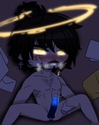 black_hair blue_dick blue_penis gacha gacha_club naked oc original_character toony toony_face white_skin yellow_eyes