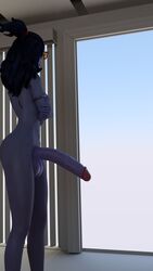 1futa 3d alternate_costume armlet balls big_penis blue_hair cote_d'azur_widowmaker dickgirl futa_only futanari glasses hoop_earrings hourglass_figure huge_cock intersex overwatch penis solo solo_futa sourcemaker sunglasses testicles widowmaker