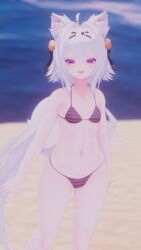 3d beach belly belly_button bikini bikini_bottom bikini_top female female_focus female_only filian filian_(vtuber) filiannevr happy indie_virtual_youtuber small_boobs small_breasts standing tail virtual_youtuber vrchat vtuber white_hair