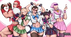 5girls abs alternate_costume biceps breasts bursting_breasts cammy_white chun-li crop_top cuffs embarrassed english_text fat_breasts female female_only glasses handcuffs heart heart_hands hershuar human juri_han large_breasts looking_at_viewer manon_legrand marisa_rossetti miniskirt multiple_girls muscular muscular_female navel purple-tinted_eyewear sailor_collar shorts shorts_under_skirt six_pack skirt smile stomach street_fighter street_fighter_6 sunglasses tall_female text thighhighs thong tight_shirt tinted_eyewear toned valentine's_day wholesome