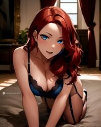 1girls ai_generated ai_mirror blue_eyes blue_lingerie blush carpet curtains hands_on_floor leaning_forward lingerie living_room long_hair looking_at_viewer medium_breasts mirror on_knees open_mouth red_hair stockings straps white_skin window wooden_table