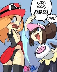 2d 2d_artwork ass_slap background big_breasts black_panties butt_shot fully_clothed funny funtimedeluxego game_freak hilbert_(pokemon) hilda_(pokemon) leggings nintendo partially_clothed pokemon rosa_(pokemon) serena_(pokemon) serena_(pokemon_games) shocked shocked_expression skirt skirt_lift smacking_ass