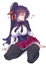 akeno_himejima big_breasts big_thighs heart high_school high_school_dxd huge_breasts pantyhose purple_eyes purple_hair sitting skirt smile thick_ass