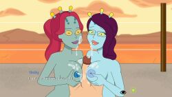 2girls 2girls1boy alien alien_girl big_breasts boobjob cum cum_on_breasts cum_on_face cumshot ferdafs morty_smith multiple_girls nipples paizuri partial_male rick_and_morty rick_and_morty:_a_way_back_home titfuck titjob topless topless_female unity_(rick_and_morty)