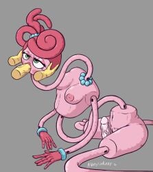 averyunfunny big_breasts blowjob bodily_fluids crossed_eyes cum dildo drooling green_eyes holding_head mommy_long_legs pink_body pink_hair pink_skin poppy_playtime protagonist_(poppy_playtime) sitting squirting stretchy_body yellow_skin