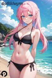 ai_generated arms_behind_back bangs bare_shoulders beach bikini black_bikini blue_eyes blush breasts cleavage closed_mouth cloud collarbone cowboy_shot day female front-tie_bikini_top front-tie_top hair_between_eyes halterneck kawaii_dake_ja_nai_shikimori-san long_hair looking_at_viewer medium_breasts navel ocean outdoors pikkiwynn pink_hair shikimori_micchon side-tie_bikini_bottom sky smile solo stomach string_bikini swimsuit thighs