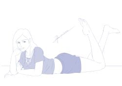 banshee female head_on_hand hotpants jinalisae laying_on_stomach long_hair looking_at_viewer necklace relaxed roswell_conspiracies sh'lainn_blaze t-shirt white_hair