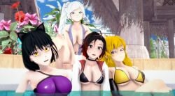 3d 4girls ahoge blake_belladonna blue_eyes female female_only gold_eyes human lavender_eyes multiple_girls pool ruby_rose rwby silver_eyes swimsuits team_rwby toratigerr weiss_schnee yang_xiao_long