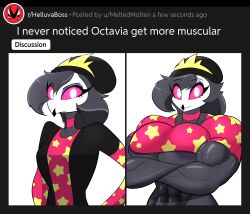 1girls abs anthro arms_crossed arms_crossed_under_breasts biceps big_breasts black_hair breasts busty clothing demon demon_girl female female_only hat helluva_boss large_breasts looking_at_viewer meme mrmelted muscular muscular_female octavia_(helluva_boss) owl_demon shirt solo text underboob