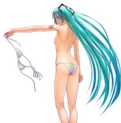 ass ass_cleavage back back_facing_viewer back_view bikini bikini_bottom_only bikini_top_aside bikini_top_removed bikini_top_undone butt_crack butt_crack_outline half-dressed half_naked hatsune_miku light-blue_eyes light-blue_hair light-skinned_female png really_long_hair rear_view self_exposure sideboob standing tattoo tattoo_on_arm top_removed topless topless_bikini topless_female transparent_background twintails undressing_self vocaloid white_bikini white_bikini_bottom white_bikini_top wokada