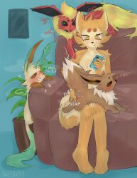 anthro anthro_on_feral aroused bodily_fluids canid canine cuckold distracted eevee eeveelution eye_roll fan_character female feral finger_fuck fingering flareon fluffy fluffy_tail fur furniture generation_1_pokemon generation_4_pokemon genital_fluids group hi_res home inside leaf leaf_hair leaf_tail leafeon looking_at_another looking_pleasured male male/female mammal neck_tuft nintendo on_sofa plant plant_hair pokemon pokemon_(species) pseudo_hair pussy red_body shieshuqqq shoulder_grab sitting sitting_on_another sitting_on_sofa size_difference sofa tail tuft vaginal_fluids vaginal_penetration waiting waiting_for_turn wet yellow_body yellow_eyes yellow_fur zoophilia