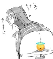 1girls ass ass_focus bent_over blush butt_crack censored emoji emoji_censor hair_ribbon japanese_text long_hair looking_at_viewer looking_back love_live! love_live!_nijigasaki_high_school_idol_club monochrome nijigasaki_academy_school_uniform novelty_censor open_mouth ousaka_shizuku panties panty_pull school_uniform sketch skirt solo tata_(tataice) translated white_panties