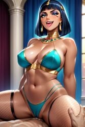 1girl1boy ai_generated bikini black_hair cleopatra earrings female fishnets looking_at_viewer makeup omega-weirdo patreon sex short_hair smile straddling tanned_skin tongue