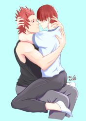 2boys boku_no_hero_academia eijirou_kirishima embrace gay hugging kirishima_eijirou looking_at_partner male male/male male_only my_hero_academia on_lap red_eyes red_hair shouto_todoroki sitting_on_lap spiky_hair straddling tank_top todoroki_shouto yaoi