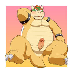 2015 anthro barazoku belly blush bowser erection fur furry furry_only humanoid_hands humanoid_penis koopa male male_only mario_(series) moobs nintendo overweight overweight_male penis penta002 scalie sitting solo video_games