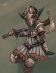 1girls armor axe belt belt_buckle clothing colored_skin female female_only goblin goblin_female goblin_girl green_skin headwear helmet holding holding_object holding_weapon izrez monster_girl pointed_ears solo weapon yellow_eyes