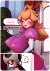 3d 3d_(artwork) big_breasts blonde_hair blue_earrings closed_eyes clothed comic crown dialogue dontaco dress earrings female hard_nipples makeup mario_(series) nipples_visible_through_clothing no_bra no_underwear princess_peach question_mark royalty speech_bubble toadsworth transparent_clothing