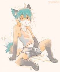 2015 anthro black_fur blue_eyes blue_fur blue_hair blush canid canine clothed clothing fox fur hair heart hi_res kemono male mammal miri multicolored_fur omorashi orange_fur peeing peeing_self shirt shorts simple_background solo tank_top two_tone_fur urinating urinating_in_bottomwear urinating_male urine urine_pool watersports wetting white_fur