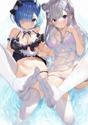 2girls bikini blue_eyes blue_hair boobs clothing elf elf_ears elf_female elf_girl emilia_(re:zero) female femdom foot_fetish foot_fetish_with_legwear footjob footjob_with_legwear girl grey_hair legwear maid multiple_girls oni oni_female panties purple_eyes pussy re:zero_kara_hajimeru_isekai_seikatsu rem_(re:zero) silver_hair underwear visible_underwear