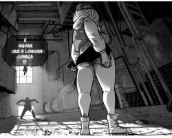 1boy1girl abandoned_building ass_cleavage back backview big_ass black_and_white blonde_female blonde_hair brazilian cap clothed_female delete(sense_life) girl gun hoodie kaleb(sense_life) legs manga manga_page portuguese_text sense_life sillhouette sports_shorts sunlight thick_thighs