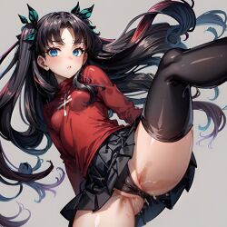 1girls ai_generated arbitrary ass black_hair blue_eyes cameltoe fate/stay_night fate_(series) from_below hi_res pussy_floss pussy_juice skirt stable_diffusion tohsaka_rin