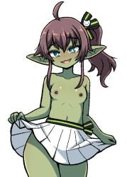 1girls ahoge belly_button big_ears blue_eyes bow bow_in_hair brat breasts brown_hair fangs female female_only goblin goblin_female green_skin hololive hololive_gen_1 hololive_japan inksgirls lifting_skirt looking_at_viewer natsuiro_matsuri nipples pointy_ears skirt small_breasts smirk smug solo solo_female thick_thighs virtual_youtuber vtuber white_background