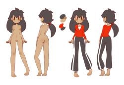 ass black_hair blush breast female fully_clothed naked nekuzx niku_(nekuzx) nude ponytail pussy reference_sheet sweatpants t-shirt undershirt