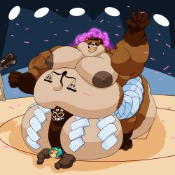 anthro areola balls bear belly belly_overhang belly_tattoo big_areola big_balls big_belly big_moobs big_nipples brown_body brown_fur canid canine chubby_cheeks closed_eyes clothed clothing confetti crush double_chin duo fat_rolls fujiyama_samoyed_(artist) fur genitals hi_res huge_balls huge_belly huge_moobs huge_nipples huge_thighs hyper hyper_balls hyper_belly hyper_genitalia hyper_moobs jockstrap larger_male libra_(fujiyamasamoyed) looking_at_viewer love_handles male male/male mammal man_bun moobs morbidly_obese morbidly_obese_anthro morbidly_obese_male navel nipples obese obese_anthro obese_male overweight overweight_anthro overweight_male pinned pinned_by_balls pinned_to_ground raccoon_dog rope size_difference smaller_male smile smothering spotlight sumo sumo_ring tanuki tattoo tea_bagging thick_thighs underwear victory wrestling