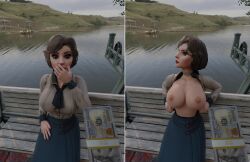 3d areolae big_breasts bioshock bioshock_infinite blue_eyes breasts brown_hair busty elizabeth_comstock female female_focus female_only flashing flashing_breasts hourglass_figure lipstick long_hair makeup money nail_polish nipples open_shirt outdoors outside ponytail prostitution shirt sitting skirt tagme wide_hips zren