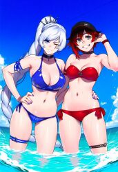 2girls ai_generated blue_eyes female female_only human multiple_girls red_hair ruby_rose rwby silver_eyes swimsuits weiss_schnee white_hair