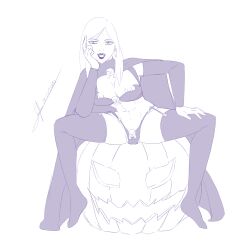 banshee bikini cape cosplay female halloween halloween_costume head_on_hand jinalisae lady_death_(cosplay) legs_spread long_boots long_hair long_sleeves looking_at_viewer panties pumpkin roswell_conspiracies sh'lainn_blaze sitting sitting_on_pumpkin slender small_breasts thighhigh_boots white_hair