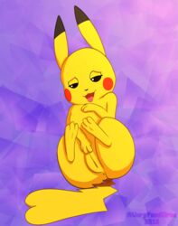 1girls 2019 3_toes anus ass averyfondoreo bedroom_eyes black_eyes black_fur brown_fur cleft_tail feet female female_only feral fur furry half-closed_eyes hi_res long_ears looking_down nintendo nude open_mouth paws pikachu pokémon_(species) pokemon pokemon_rgby presenting presenting_pussy purple_background pussy red_cheeks rodent seductive simple_background smile soles solo spread_legs spreading tail text thick_thighs toes tongue tongue_out video_games watermark wide_hips yellow_fur