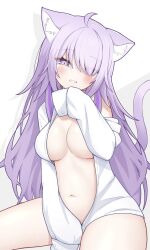 alternate_hairstyle bedroom_eyes belly blush center_opening collared_shirt hair_over_one_eye hand_between_legs hololive hololive_gamers hololive_japan large_breasts naked_shirt naughty_smile nekomata_okayu oversized_clothes shiny_eyes thighs very_long_hair virtual_youtuber white_shirt