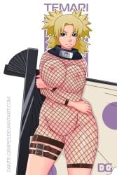 1girls 2023 areolae big_breasts blonde_hair clothing dante-grapes female female_only fishnet_bodysuit fishnets green_eyes large_breasts legband looking_at_viewer naruto naruto_(series) nipples nude nude_female smiling smiling_at_viewer solo temari tied_hair