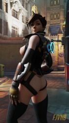 1girls 3d alternate_costume ass blizzard_entertainment breasts brown_eyes brown_hair female female_only fjvnb king's_row_(map) looking_back lunar_new_year lunar_new_year_series nipples overwatch rose_tracer solo tracer year_of_the_rooster