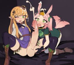 1futa 1girls animal_ears balls big_balls big_penis big_testicles blonde_hair bottomless breasts clothed clothing cum cum_awe duo ejaculation elf elf_ears erection female futa_on_female futanari green_eyes horny huge_cock huge_penis humanoid humanoid_penis illydia_(edgy_weeaboo) kemonomimi light-skinned_female light-skinned_futanari light_skin long_hair long_penis one_eye_closed oniiyanna orgasm partially_clothed penis pink_hair spread_legs surprised testicles text uncensored