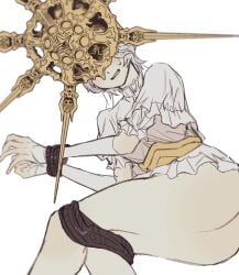 1boy absurdres ass blush bound bound_legs bound_wrists clenched_teeth dark_souls dark_sun_gwyndolin detached_sleeves dress from_behind fromsoftware gold_headwear grey_dress helmet highres short_sleeves simple_background solo teeth white_background zunkome