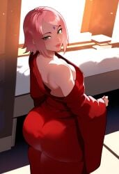 1girls ai_generated big_ass female huge_ass kimono looking_at_viewer naruto naruto:_the_last pink_hair red_kimono sakura_haruno thiccwithaq_(ai_style) twitwit undressing